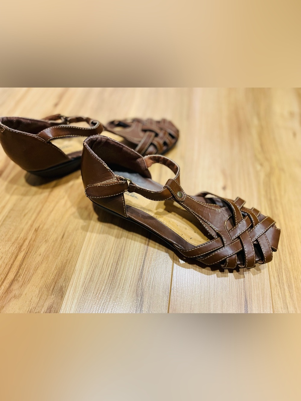 Woven T-Strap Women's Sandals in Brown